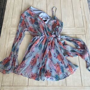 NBD Blue Orange Purple Metalloc Floral Mini Dress Small